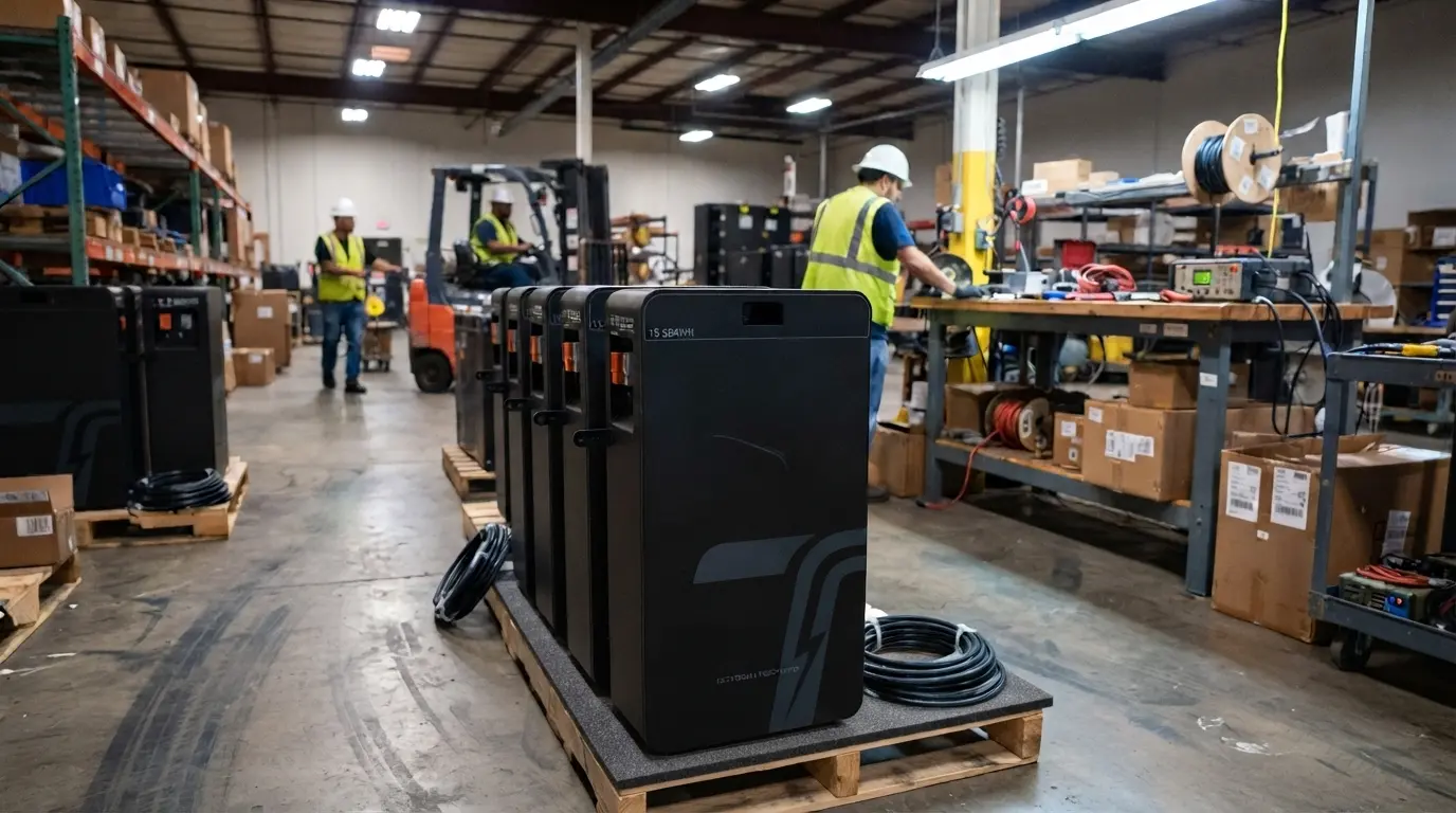 Placeholder visualization of a large-format battery cabinet and shipping plan
