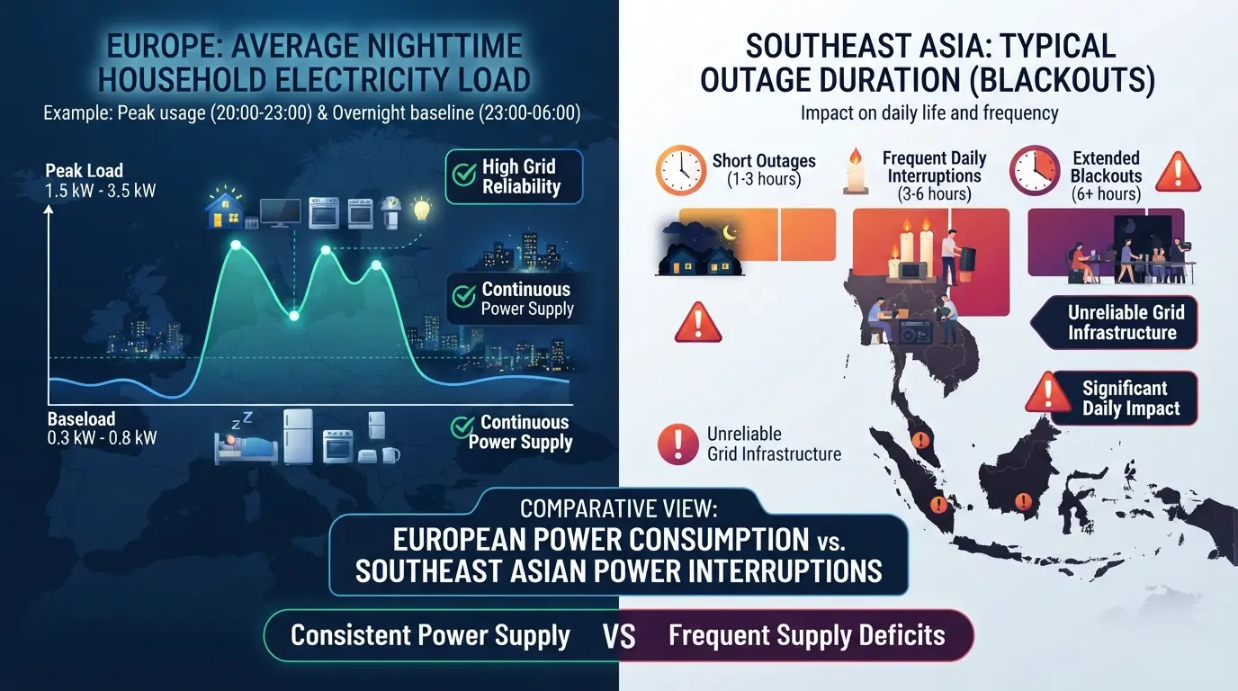 European nighttime load and Southeast Asian power outage duration