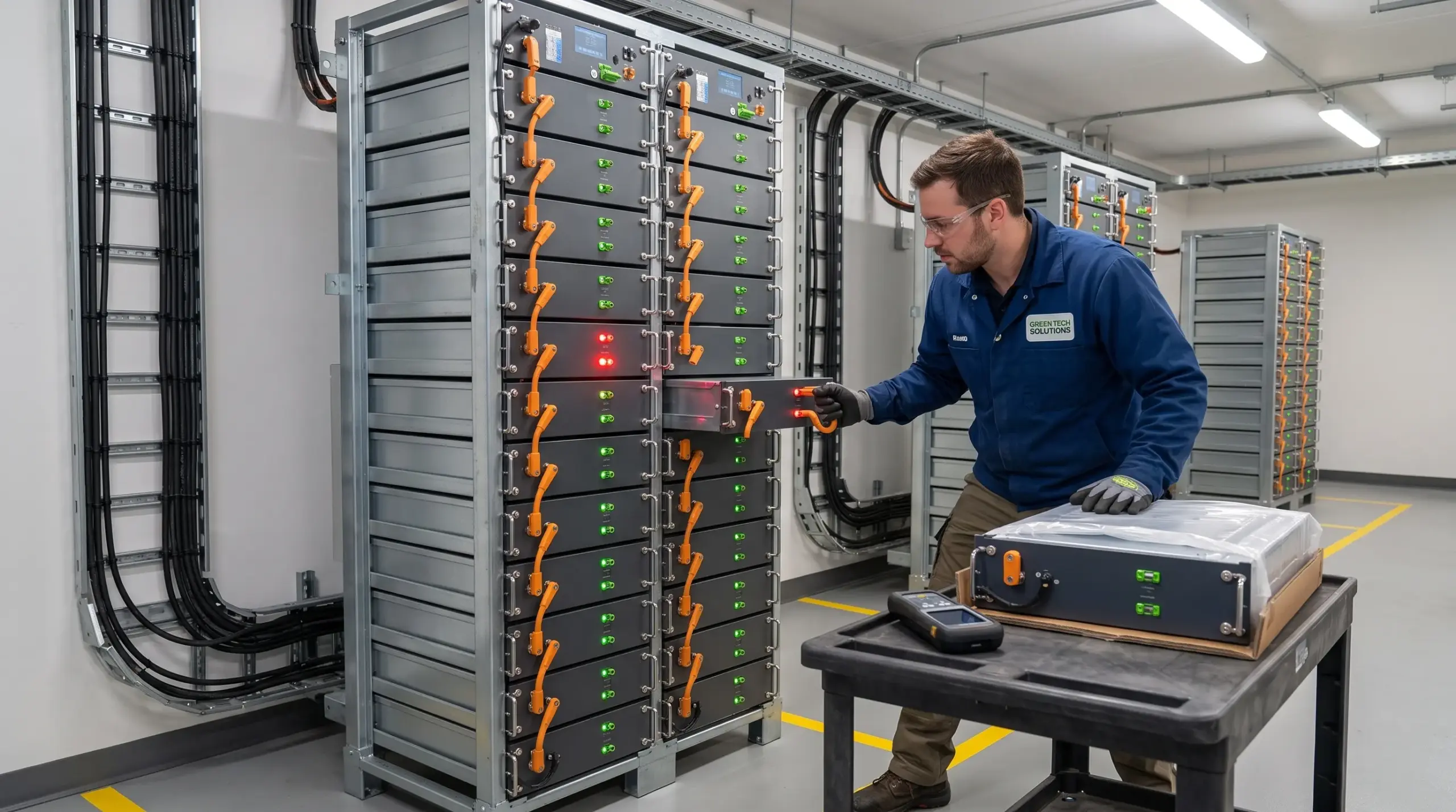 Technician inspecting electrical equipment in an energy system