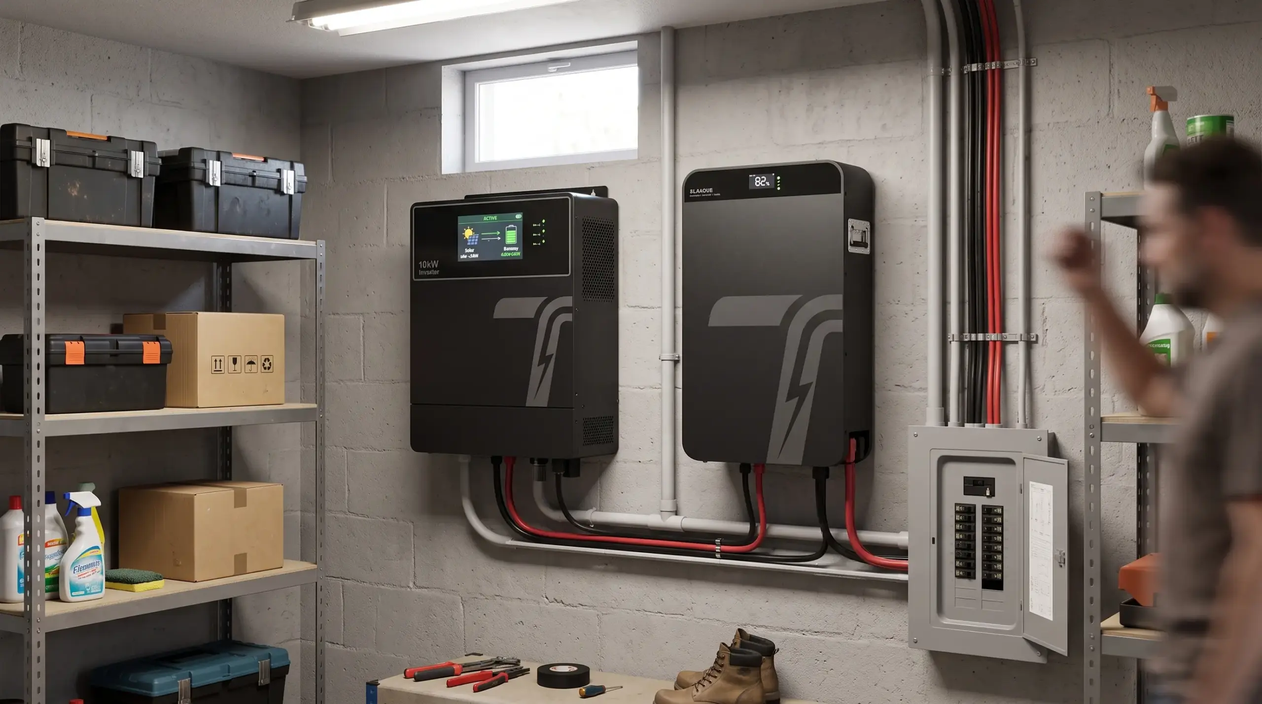 Image placeholder for a battery and inverter installation showing wiring and clearances