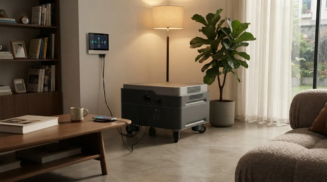Placeholder showing one 5 kWh LFP module configured as a standalone wall battery and as multi-module stacks